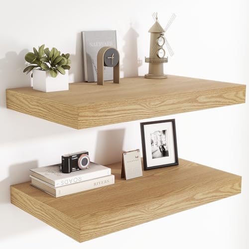Heimlove 24 x 12 Inch Deep Floating Shelves Wall Mounted with Invisible Brackets,Storage Hanging Shelf for Wall Decor in Bathroom, Bedroom, Toilet, Kitchen, Living Room, Office Set of 2 (Oak) - color: Oak, size: 24"W x 12"D x 2"H, Set of 2