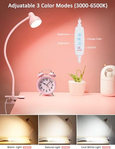 LiFMIRA Pink Small Desk Lamp Clip on Reading Light for Bed 3 Colors 10 Brightness Dimmable Flexible Gooseneck Clip on Light for Bed Headboard College Dorm Room - color: Pink