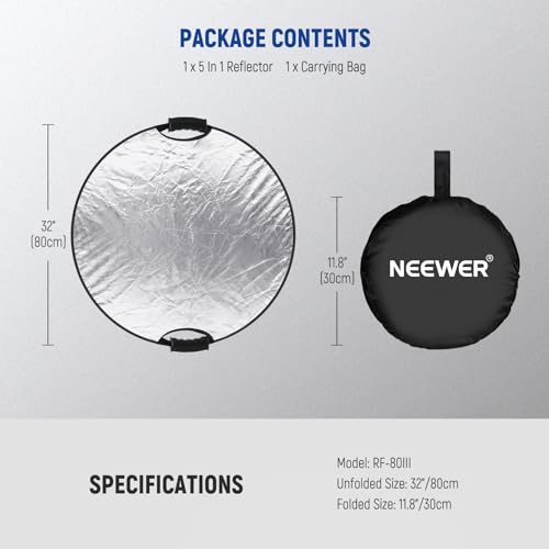 NEEWER 32"/80cm Light Reflector, 5 in 1 Foldable Multi Disc Photography Light Diffuser Translucent/Silver/Gold/White/Black with Clamp/Grips, 3/8" Thread/Cleaning Cloth for Outdoor Lighting, RF-80II - style: 80cm w/Cleaning Cloth