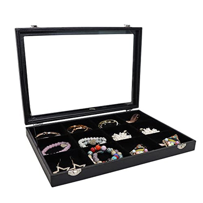 Wudygirl Jewelry Tray 12 Grid Jewelry Organizer with Clear Lid Bracelet Holder Organizer Display Case Removable, Black Velvet (12 Grid) - style: 12 Grid Tray