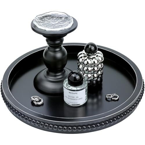 Round Black Wood Serving Tray with Beads, Wooden Decorative Tray for Entertaining, Decoration, and Gifting, - color: Black Y1, size: 13"
