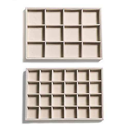 Frebeauty Stackable Velvet Jewelry Organizer Trays for Drawers Inserts Jewelry Storage Tray Display Case, Stud Earrings Bracelets Necklace Rings Accessories Trays for Women Girls(Set of 2 Beige) - color: Beige, size: Set 2