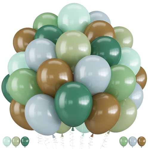 Blue Green Brown Balloons, 12 Inch Sage Pastel Green Balloon Dusty Blue Balloon for Dinosaur Woodland, Jungle Theme Birthday, Dino Baby Shower Decorations - color: Green Brown