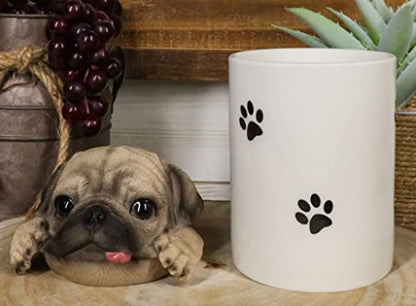 Ebros Gift Ceramic Hungry Pug Dog With Tongue Out Hiding and Peeking Dry Storage Jar With Paw Prints 6" Tall Decorative Earthenware Accessory Figurine As Decor of Pets Dogs Pugs