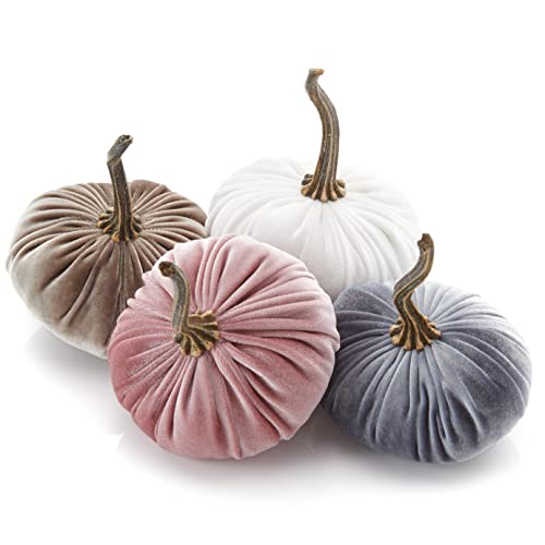 Set of 4 Small Velvet Pumpkins, autumn home decor, pink blush baby shower nursery girl, teen bedroom, elegant gift set for mom, office decor for her, wedding centerpiece (Blush, Ivory, Taupe, Gray) - color: Blush, Ivory, Taupe, Gray