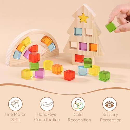 Woodtoe Wooden Building Blocks Set for Kids, Rainbow & Christmas Tree Wood Frame - 24 PCS Acrylic Gem Cubes Stacking Blocks, Montessori Stacking Toys, Educational Christmas Game for Toddlers 3-6 - style: Rainbow and Tree Frame Blocks Set