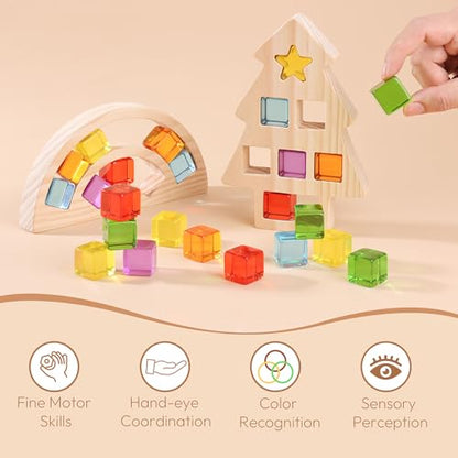 Woodtoe Wooden Building Blocks Set for Kids, Rainbow & Christmas Tree Wood Frame - 24 PCS Acrylic Gem Cubes Stacking Blocks, Montessori Stacking Toys, Educational Christmas Game for Toddlers 3-6 - style: Rainbow and Tree Frame Blocks Set