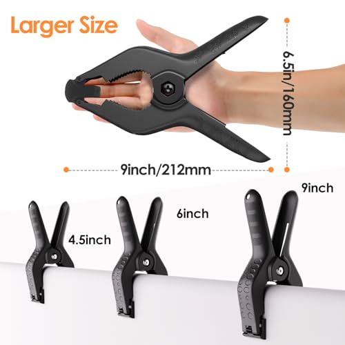Backdrop Clamps Clips - 9in - Large Spring Clamps for Backdrop Stand, 6 Pack Heavy Duty Plastic Muslin Photo Clamp for Photography Photobooth, Balloon Arch, Woodworking - size: 9in