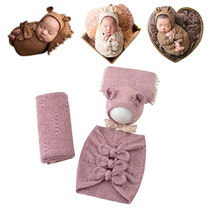 Newborn Baby Boy Girl Photography Props Bow Wrap, Posing Aid, Hat and Blanket Set of 4 Pcs - color: Purple Pink