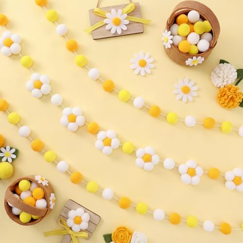 Tatuo 3 Pcs Spring 3D Pompom Ball Garland Pastel Daisy Sunflower Garlands Felt Floral Banner Hanging Flower Pastel Decor for Easter Holiday Birthday Party Boho Home Prop Photo(Floral,Light Yellow) - color: Light Yellow, style: Floral