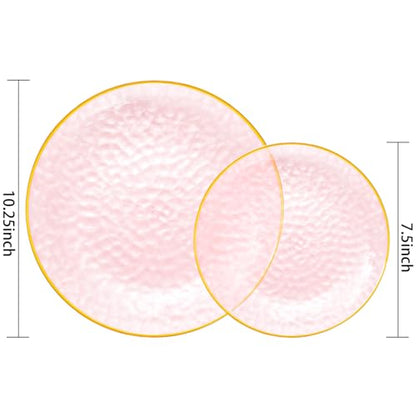Rubtlamp 60Pcs Pink Plastic Plates,Clear Pink Plates With Gold Rim,Hammered Gold Plates Include 30Pink Plastic Dessert Platos, 30Gold Dinner Platos For Party - color: Clear Gink Gold