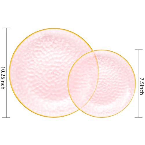 Rubtlamp 60Pcs Pink Plastic Plates,Clear Pink Plates With Gold Rim,Hammered Gold Plates Include 30Pink Plastic Dessert Platos, 30Gold Dinner Platos For Party - color: Clear Gink Gold