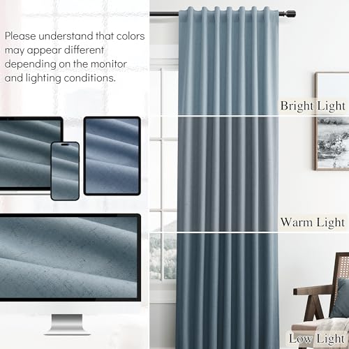 Guken Blue Linen 100% Blackout Curtains for Bedroom 84 Inches Long 2 Panels Set Back Tab Hook Belt Drapes Black Out Light Blocking Thermal Insulated Privacy Living Room Nursery Modern Farmhouse 52x84 - color: Blue, size: 52"W x 84"L (Pack of 2)