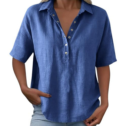 Cotton Linen Shirts for Women 2026 Summer Gauze Shirts Button Down V Neck Half Sleeve Blouses Dressy Casual Clothes - color: Blue, size: XX-Large