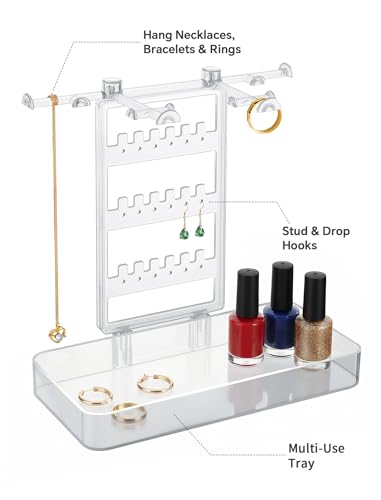 NiHome Acrylic Jewelry Display Stand with Tray – Clear Bracelet & Earring, Necklace Organizer, Space-Saving Jewelry Storage for Vanity & Bedroom - color: 2 PACK