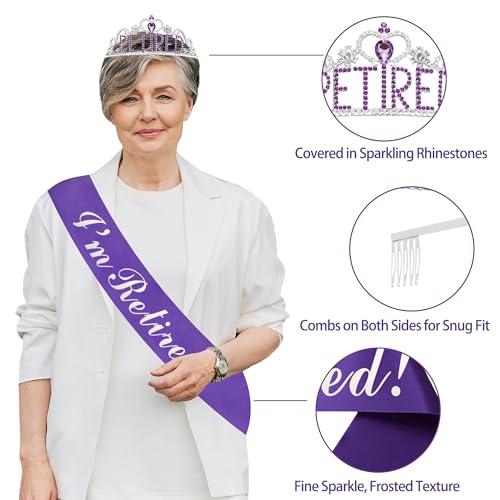 Holkcog Purple Retirement Party Decorations for Women, Silver Purple Happy Retired Banner Backdrop Paper fan Hanging Swirls for Coworker, I'm Retired Sash & Tiara Set, Great for Retiring Women Supply - style: Purple