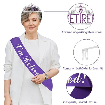 Holkcog Purple Retirement Party Decorations for Women, Silver Purple Happy Retired Banner Backdrop Paper fan Hanging Swirls for Coworker, I'm Retired Sash & Tiara Set, Great for Retiring Women Supply - style: Purple