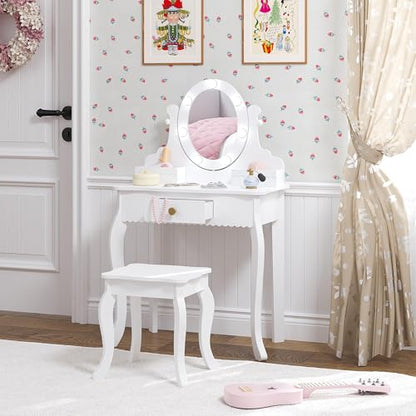 Spirich Kids Vanity, Girls Vanity Set with Mirror and Stool and Lights, Kids Vanity Table and Chair Set,Wooden Princess Makeup Desk Dressing Table - size: Round Shape With Led Blubs