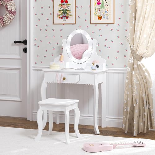 Spirich Kids Vanity, Girls Vanity Set with Mirror and Stool and Lights, Kids Vanity Table and Chair Set,Wooden Princess Makeup Desk Dressing Table - size: Round Shape With Led Blubs