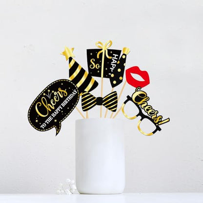 INNORU 19th Birthday Photo Booth Props, Girls Boys Birthday Photoshoot Funny Birthday Party Photography Props Favor Nineteen Years Old Centerpiece Sticks Decorations Black & Gold 35 PCS - size: 19