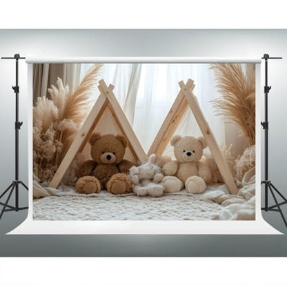 YongFoto Bear Theme Backdrop 8x6ft Tent Blanket Pampas Boho Photography Background Baby Shower Cradle Ceremony Kid Birthday Party Banner Baby Portraits Photoshoot Wallpaper Photo Studio Booth Prop - color: Style 1, size: 8ftx6ft