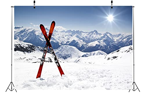 BELECO 7x5ft Fabric Winter Ski Backdrop Snowy Mountain Snowboard Skiing Backdrop Alps Mountain Summit Ski Sport Adventure Background Ski Party Decorations Portrait Photo Shoot Studio Props - size: 7x5FT