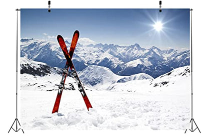 BELECO 7x5ft Fabric Winter Ski Backdrop Snowy Mountain Snowboard Skiing Backdrop Alps Mountain Summit Ski Sport Adventure Background Ski Party Decorations Portrait Photo Shoot Studio Props - size: 7x5FT