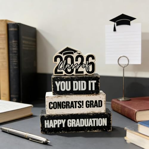 4 Pcs Class of 2026 Graduation Wooden Table Sign Tiered Tray Decor Wood Congrats Grad Table Centerpiece Block Signs You Did It Rustic Photo Props for Home Kitchen Shelf Display Farmhouse Congratulate