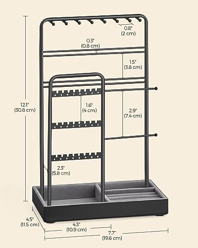 SONGMICS Necklace Holder, Jewelry Stand Holder Organizer, Jewelry Display with Metal Frame, Velvet Tray,Earring Bracelet Holder, for Gift Idea, 4.5 x 7.7 x 12.1 inch, Ink Black UJJS021B01 - color: Ink Black, size: 4.5"D x 7.7"W x 12.1"H