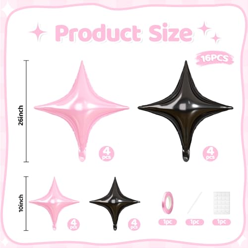 Pink Black Star Balloons, 16 PCS Black Four Angle Star Foil Balloons, 26 Inch and 10 Inch Pink Stars Shaped Balloon for Graduation Birthday Baby Shower Anniversary Engagement Party Decorations - color: Pink Black
