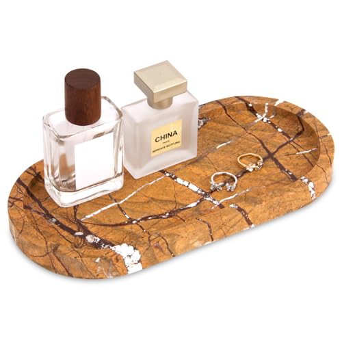 Natural Marble Tray Oval, Bathroom Vanity Tray for Countertop, Elegant Stone Decorative Organizer for Perfume, Jewelry, Home Decor (1, Rainforest Brown, 10 x 5 x 0.6) - color: Rainforest Brown