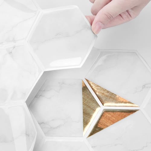 WESTICK White Gold Marble Back Splash Stick on Tiles for Kitchen Hexagon Peel and Stick Backsplash Tile Waterproof Bathroom Vinyl Backsplash Panels for Laundry Room Wall RV 10 Pack 12" x 12" - color: 9.Gold white