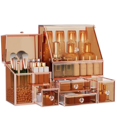 Youdepot Glass Makeup Storage for Vanity and Bathroom Countertop – Large Cosmetic Display Case and Skincare Storage Solution - color: Amber