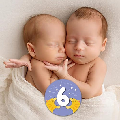 14 Designs Safari Twin Baby Monthly Milestone Cards Sign, 1-12 Months Wooden Photo Props for Twins, Gender-Neutral Twin Baby Shower Cards, Twins Memory Book Essentials (Twins Monthly Milestone) - color: Twins Monthly Milestone