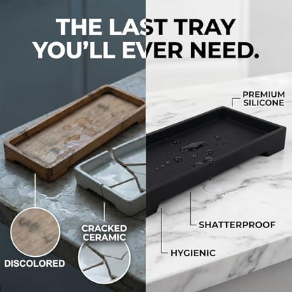 Countertop Vanity Tray - Silicone Bathroom Sink Organizer & Kitchen Soap Tray, Footed Anti-Slip Design, Waterproof Caddy for Perfume, Jewelry, Makeup, Bottle, Oil, Sponge Holder, Black (L10 x W 4.2") - color: Black