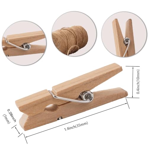 Small Clothes Pins for Photos,100PCS Mini Wooden Clothes Pins with 328 Feet Jute Twine,1.4 inch Tiny Clothes Pins for Photos,Crafts,Hanging Pictures,Baby Shower,Clip Photo Holders - color: Brown