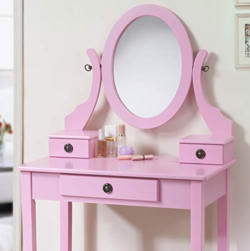 Roundhill Furniture Moniys Moniya Pink Wood Makeup Vanity Table and Stool Set - color: Pink