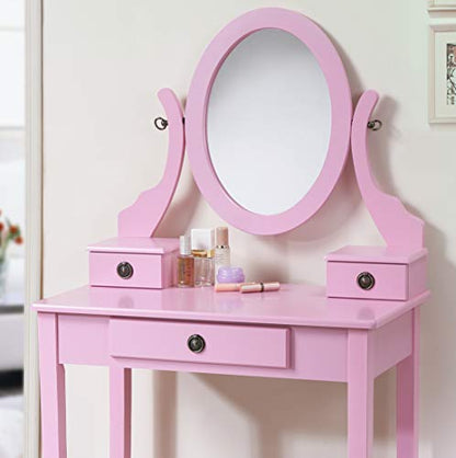 Roundhill Furniture Moniys Moniya Pink Wood Makeup Vanity Table and Stool Set - color: Pink