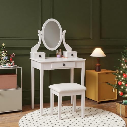 Roundhill Furniture Moniya White Wood Vanity Table and Stool Set (3415WH) Medium - color: White