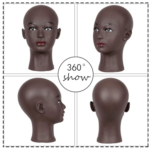 HAIRWAY Bald Mannequin Head Female Professional Cosmetology Training Head Bald Manikin Head for Wigs Making and Display Doll Head with Free T-pins (Black 21.5 Inch) - color: Female Bald Head 21.5“ Black