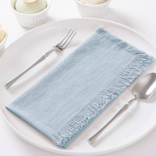 DeZerlor 6 Pack Gray- Blue Cotton Linen Napkins with Fringe Summer Cloth Napkins Set of 6 Boho Handmade Dinner Napkins Bulk for Wedding Bridal Baby Shower Parties, 17 x 17 Inches - color: Gray Blue, size: 17" x 17" (Set of 6)