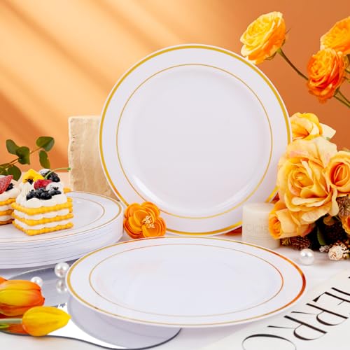 bUCLA 30PCS White and Gold Plastic Dinner Plates Disposable - 10.25inch Premium White Gold Rim Plates, Ideal for Wedding & Party - color: 10.25Inch-30pcs-Gold