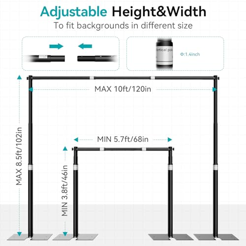 8.5x10ft Pipe and Drape Stand Kit, Adjustable Heavy Duty Backdrop Stand with Metal Steel Flat Base, Large Extendable Sturdy Photo Background Stand Frame for Wedding Parties Banner Photography - size: 8.5x10ft
