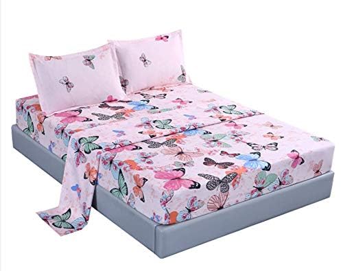 MAG 4PCS Full Size Butterfly Bedding Sheet Set, Home Microfiber Bed Sheet, with1 Top Flat & 1 Fitted Sheet with 2 Pillowcases, 14 Inches Deep, Full - color: Pink, size: Full
