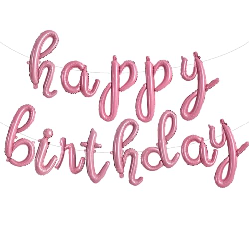TONIFUL Light Pink Happy Birthday Balloons Banner,Cursive Happy Birthday Balloons Light Pink Birthday Decorations Mylar Foil Birthday for Adults - color: Low Light Pink