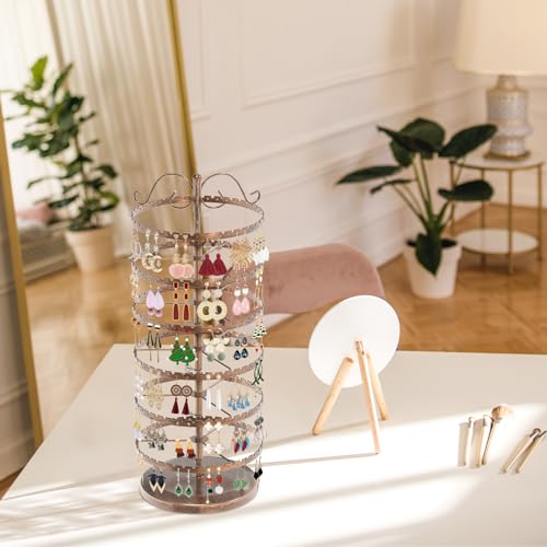 MODOWEY 6 Tier Rotating Earring Holder Organizer Stand, Adjustable Metal Display Tree Rack for Women, 480 Hole and Groove Large Storage for Pierced Stud Dangle Hoop, Compact for Small Dresser, Bronze - color: Bronze, size: 6-Tier