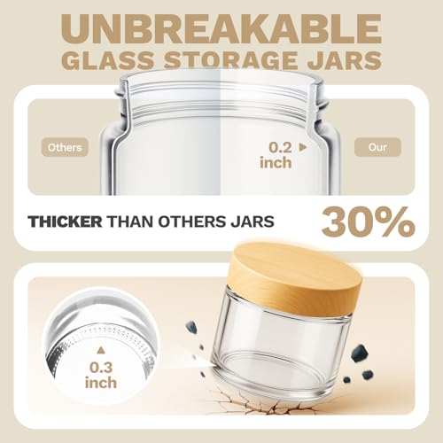 2 oz Small Glass Jars with Lids, Bumobum Clear Cosmetic Jars with Plastic Woodgrain Lids, 60ml Refillable Empty Containers for Lotion, Cream, Salve, Powders, 6 Pack - color: 2oz-6pack