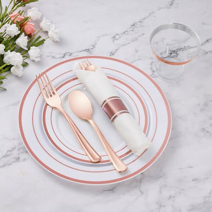 Goodluck 100 Pack Pre Rolled Rose Gold Plastic Silverware, Wrapped Cutlery Set with Napkin Include 100 Forks, 100 Knives, 100 Spoons and 100 Napkins, Fancy Disposable Silverware for Party, Wedding - size: 100pc, style: Rose gold
