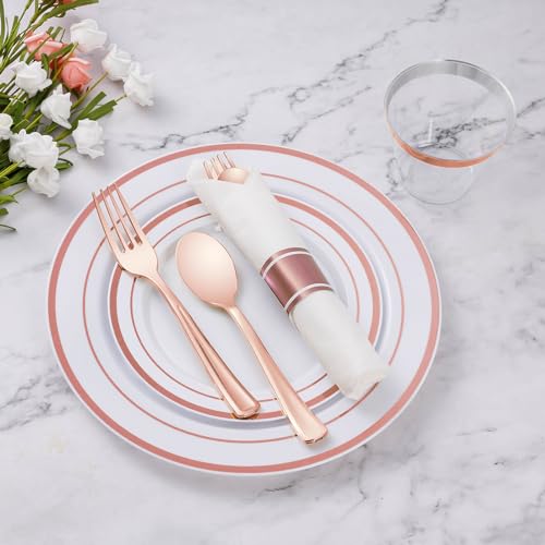 Goodluck 100 Pack Pre Rolled Rose Gold Plastic Silverware, Wrapped Cutlery Set with Napkin Include 100 Forks, 100 Knives, 100 Spoons and 100 Napkins, Fancy Disposable Silverware for Party, Wedding - size: 100pc, style: Rose gold