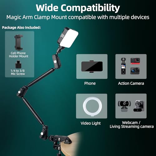 22" Magic Arm Clamp, Overhead Phone Mount Holder Stand, Flexible Desk Camera Mount, Articulating Friction Boom Arm with 1/4" 3/8" Threads for Phone, DSLR, Action Camera,Filming, Light, Webcam, Mic - color: MH05